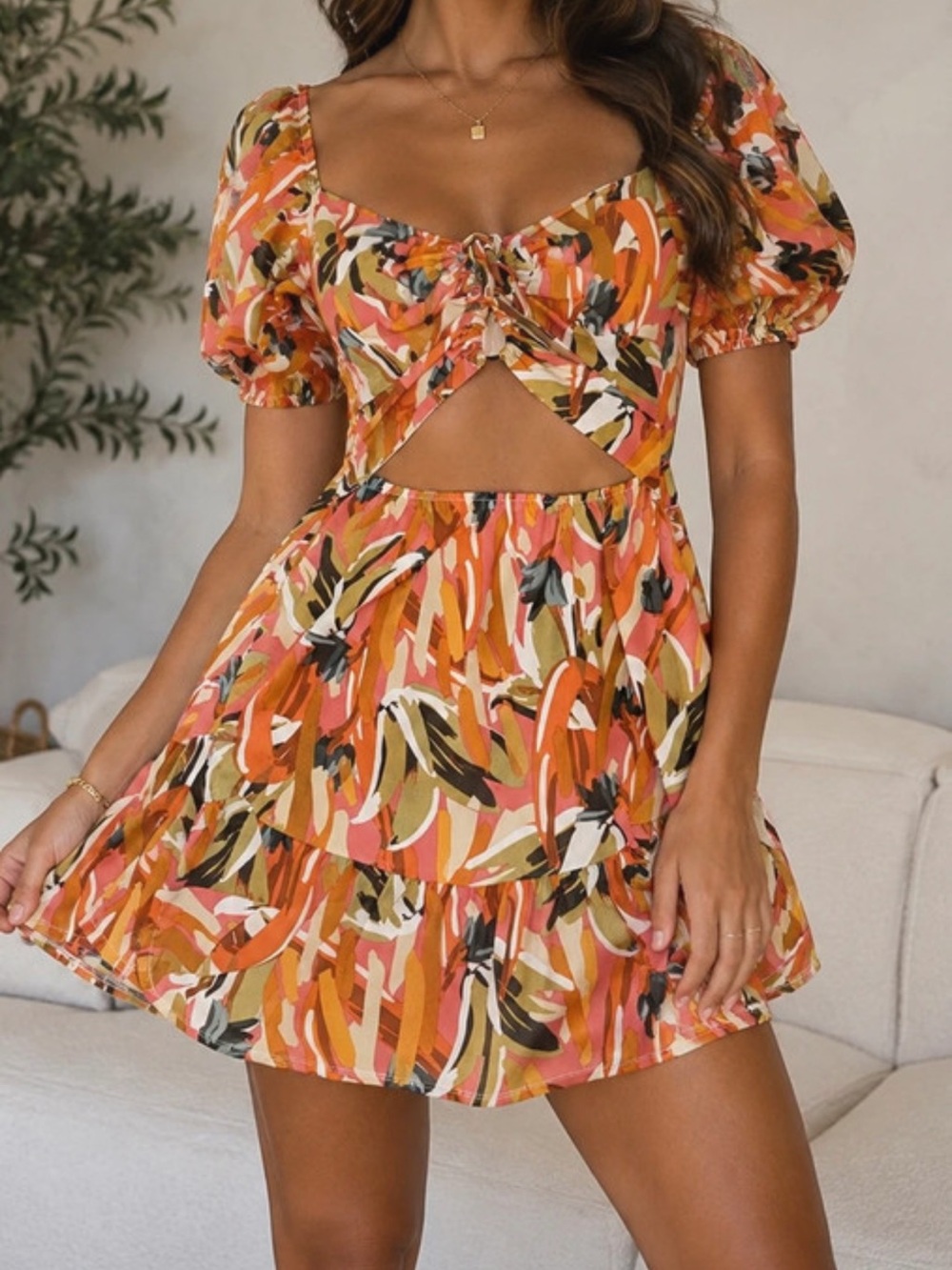 Charlotte Russe Orange & Pink Abstract Cutout Tie-Front Mini Dress